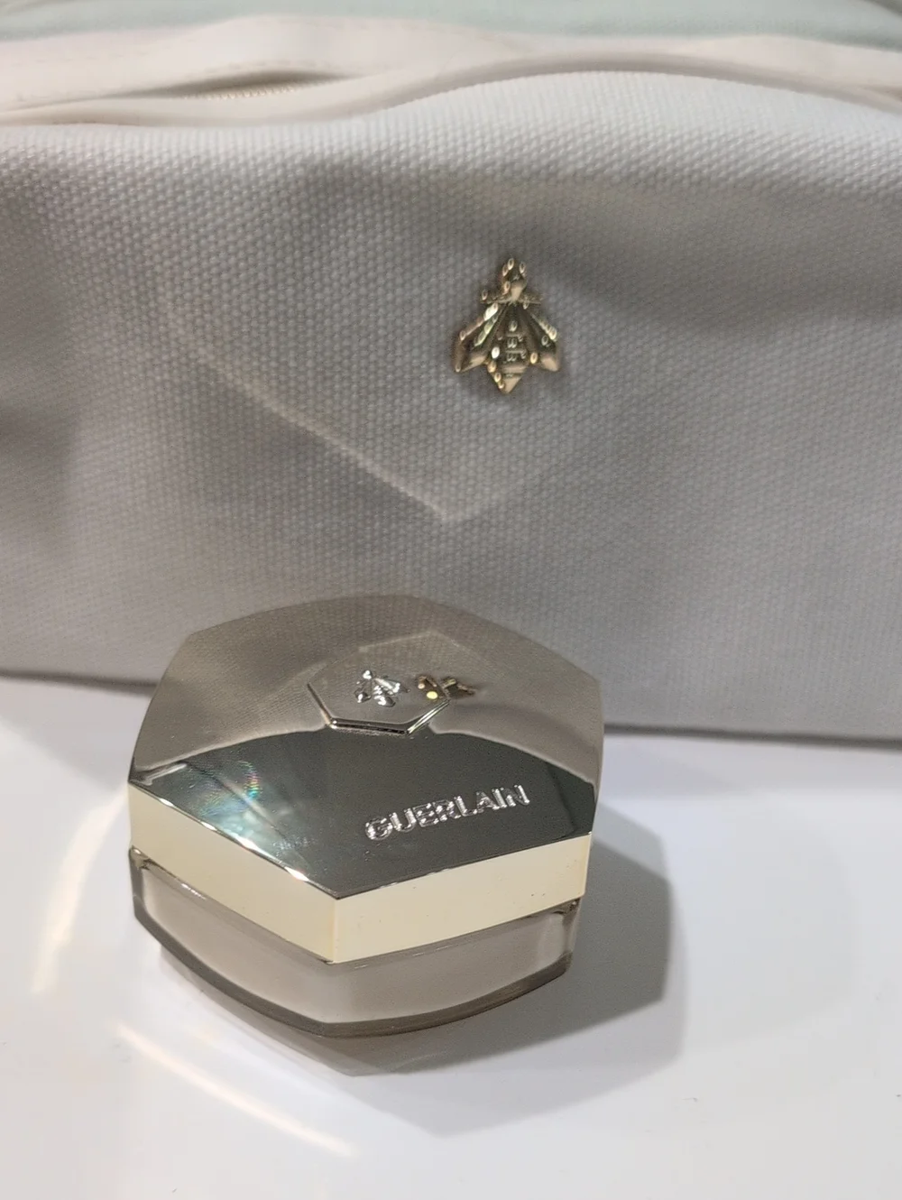 GUERLAIN White Canvas Cosmetic Case with Gold Bee Accent